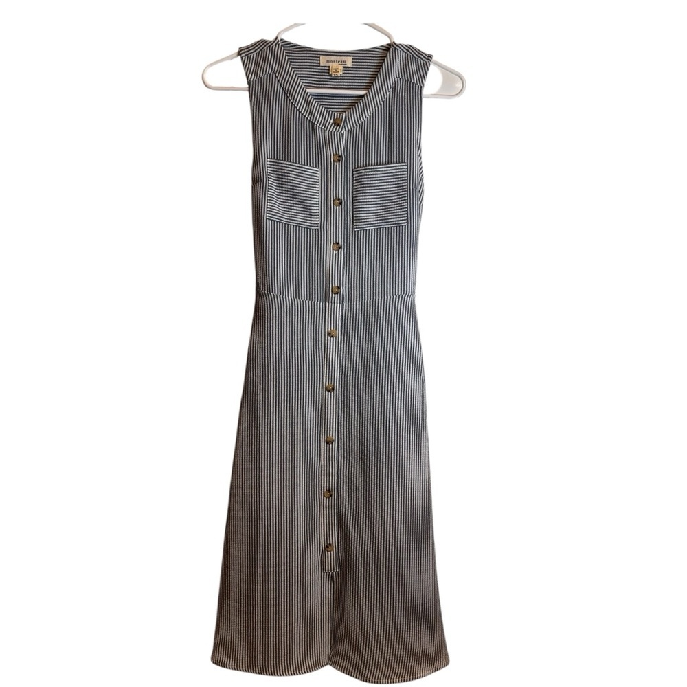 Monteau | Navy White Striped Button Midi Sundress | XS